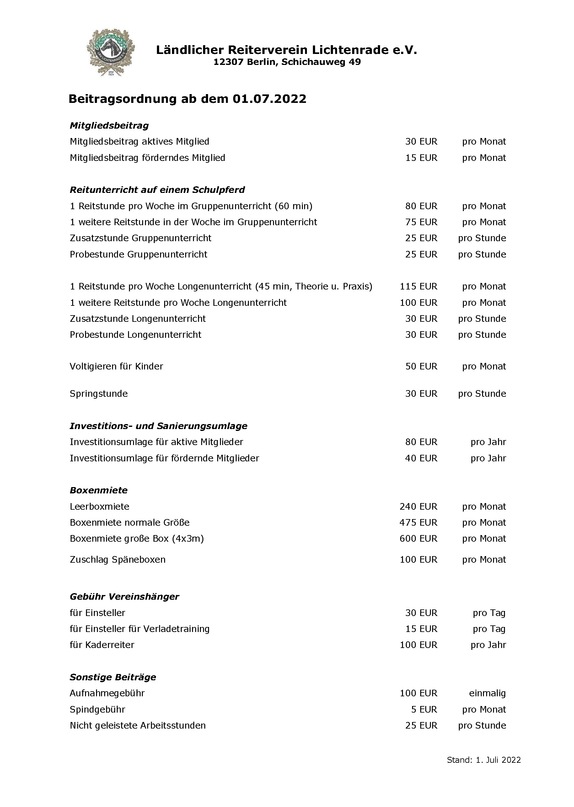 LRV LICHTENRADE E. V. - Preise